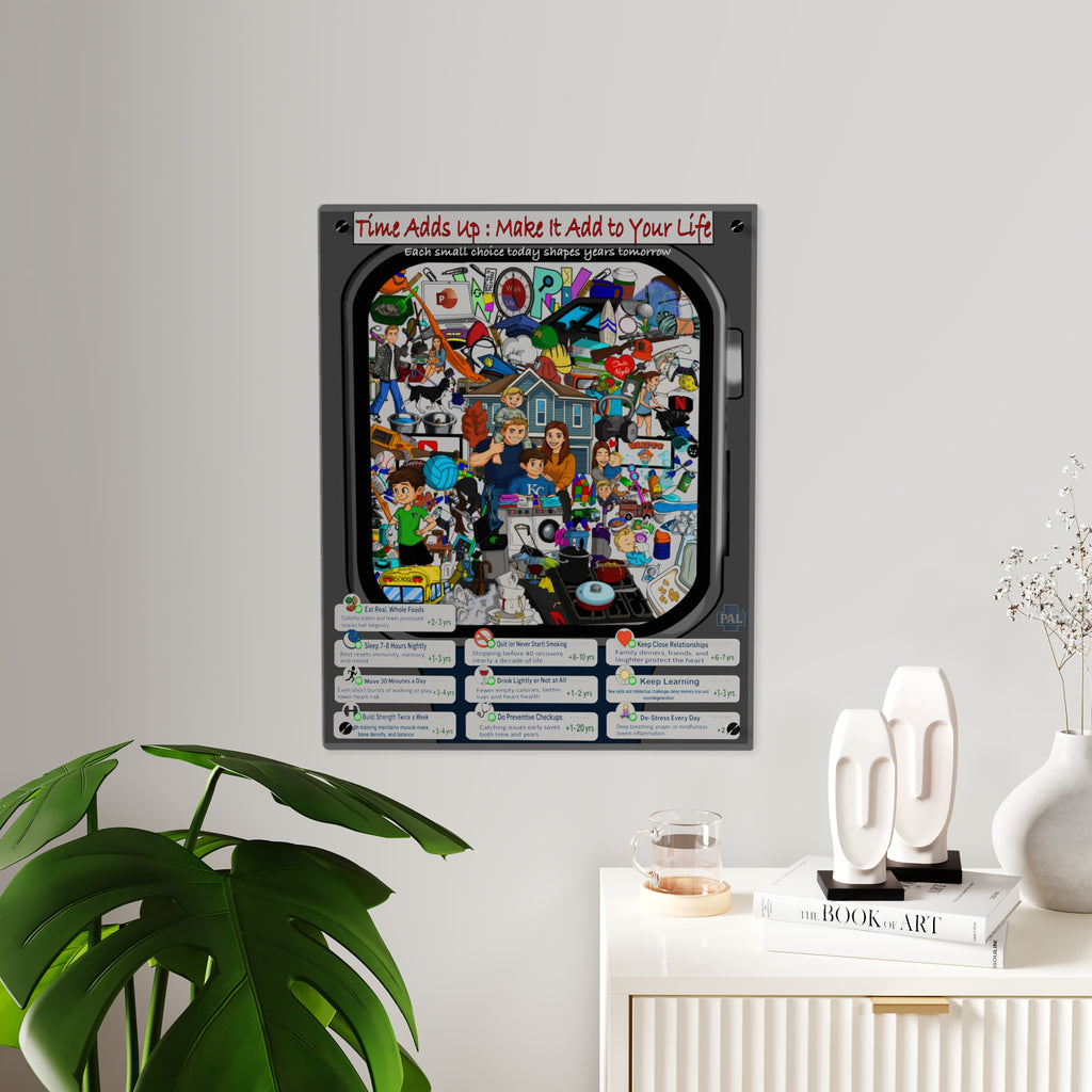 Time Adds Up Collage Acrylic Wall Art Panel for Patient Education in Clinics and Hospitals
